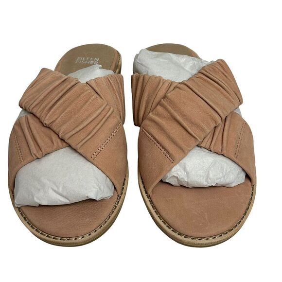 EILEEN FISHER sandals Womens 8.5 Toffee Cream Slide Cross Cross Flat Nubuck NEW - Picture 2 of 9